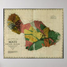 Maui, 1885, carte vintage d'Hawaï Affiches