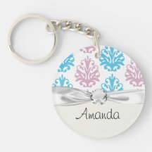 mauve aqua blue white damask acrylic key chain