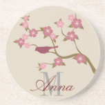 Mauve Flower Bird Custom Name Coaster Grey