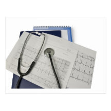 medical stethoscope on cardiogram EKG readings Postcards