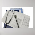 medical stethoscope on cardiogram EKG readings posters