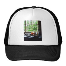 Medicine and Hurricane Lamp on Desk Hat