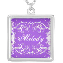 "Melody" on purple flourish swirls necklace