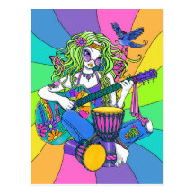 "Melody" Rainbow Guitar Hippie Fairy Postcard