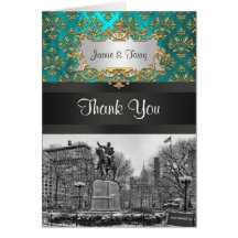 Merci turquoise de la damassé 223 NYC d'or carré d Carte De Vœux