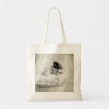 Mère vintage embrassant le bébé dans le berceau sac de toile