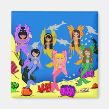 Merfairies in Ocean with Dolphins Square Magnet