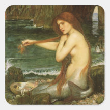Mermaid by JW Waterhouse, Victorian Mythology Art Square Sticker
