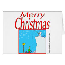 Merry Christmas bear fishing for elf Greeting Cards