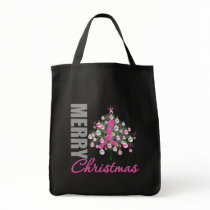Merry Christmas Breast Cancer Pink Ribbon Wreath Tote Bags