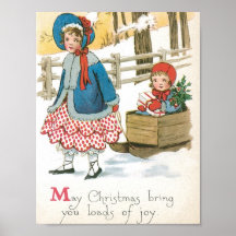 Merry Christmas, Children in a Wooden Sleigh Poster