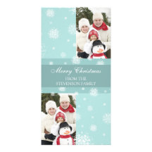 Merry Christmas Double Photo Card Blue Snow