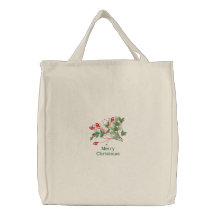 Merry Christmas embroidered holly canvas tote bag