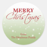 Merry Christmas falling snow name holiday gift tag Round Sticker