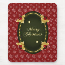 Merry Christmas Gold Frame with Holly Mouse Pads