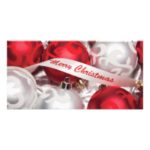 Merry Christmas in Red Silver White Photo Card