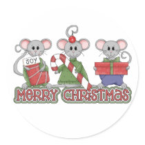 Merry Christmas Mice Round Stickers