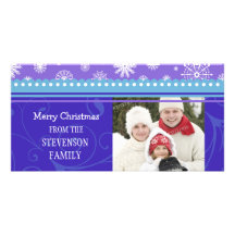 Merry Christmas Photo Card Blue Purple Snowflakes