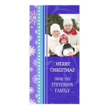 Merry Christmas Photo Card Blue Purple Snowflakes