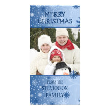 Merry Christmas Photo Card Blue Snowflakes