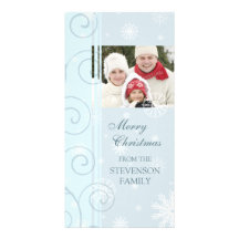Merry Christmas Photo Card Blue Snowflakes