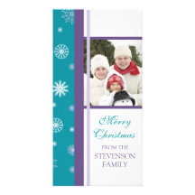 Merry Christmas Photo Card Turquoise Snowflakes