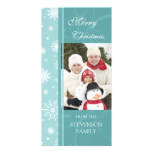 Merry Christmas Photo Card Turquoise Snowflakes