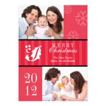 Merry Christmas red stripes holly leaf photo card Custom Announcement