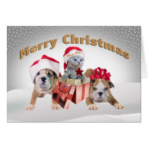 Merry Christmas Two Bulldogs & Kitten card