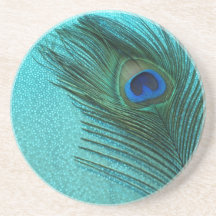 Metallic Aqua Blue Peacock Feather Beverage Coaster