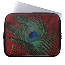 Metallic Red Peacock Feather Still Life laptop sleeves