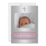 Metallic White Photo Frame Cross Baptism Pink Invitations