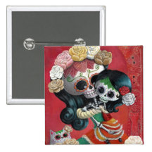 Mexican Skeleton Mother and Daughter Button
