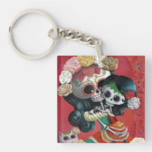 Mexican Skeleton Mother and Daughter Square Acrylic Key Chain