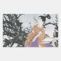 Michizane Composes a Poem by Moonlight Rectangular Stickers