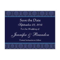 Midnight Blue Damask Save Date Postcard