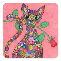 Millefiori Cat with Red Rose Square Stickers