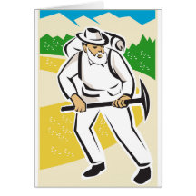 miner with pick axe and backpack mountains retro cards
