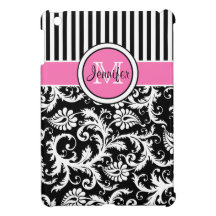 Mini cas d'iPad rayé rose, noir, blanc de damassé