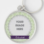 Mint Floral Damask Photo Keychain