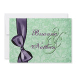 Mint Green & Purple Damask Bow Wedding Invitation