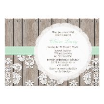Mint Wood Lace Rustic Bridal Shower Invitations