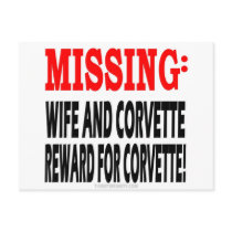 Missing Wife & Corvette Reward for Corvette Postcards
