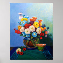 Mixed Asters and Green Bowl Poster