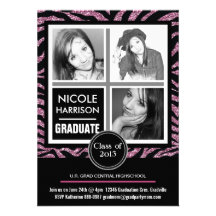 Mod Faux Pink Glitter Zebra 3 Photo Graduation Personalized Announcement