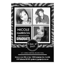 Mod Faux Silver Glitter Zebra 3 Photo Graduation Announcements