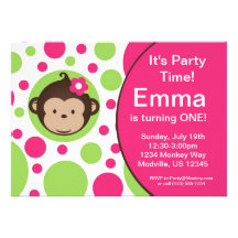Mod Monkey Pink Polka Dots Birthday Party Invite