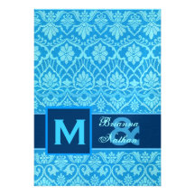 Modèle de mariage damassé de bleu marine d'Aqua et Faire-part