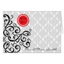 Modern Black and Red Damask Wedding Thank You Greeting Card