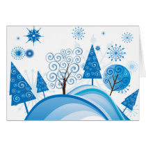 Modern Blue Christmas Trees and Snowflakes cards